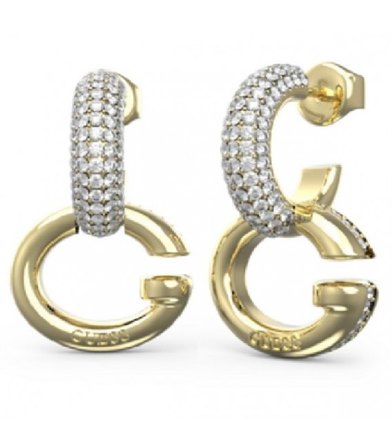 Pendientes Mujer Guess aros de 24 mm. en acero inox. dorado con piedras.