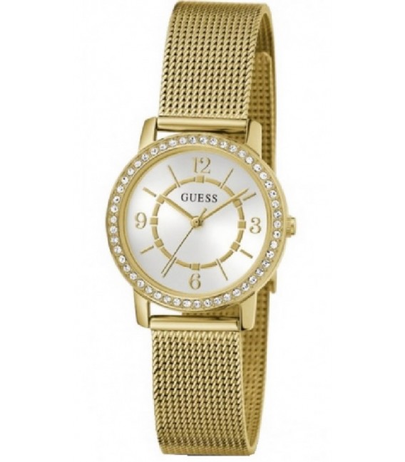 Reloj Mujer Guess de 28 mm. en acero inox. con piedras en el bisel y correa de malla.