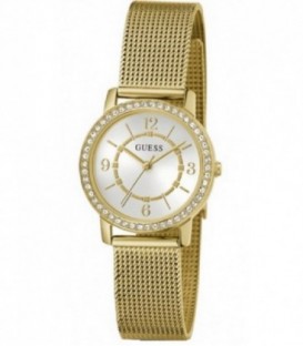 Reloj Mujer Guess de 28 mm. en acero inox. con piedras en el bisel y correa de malla.